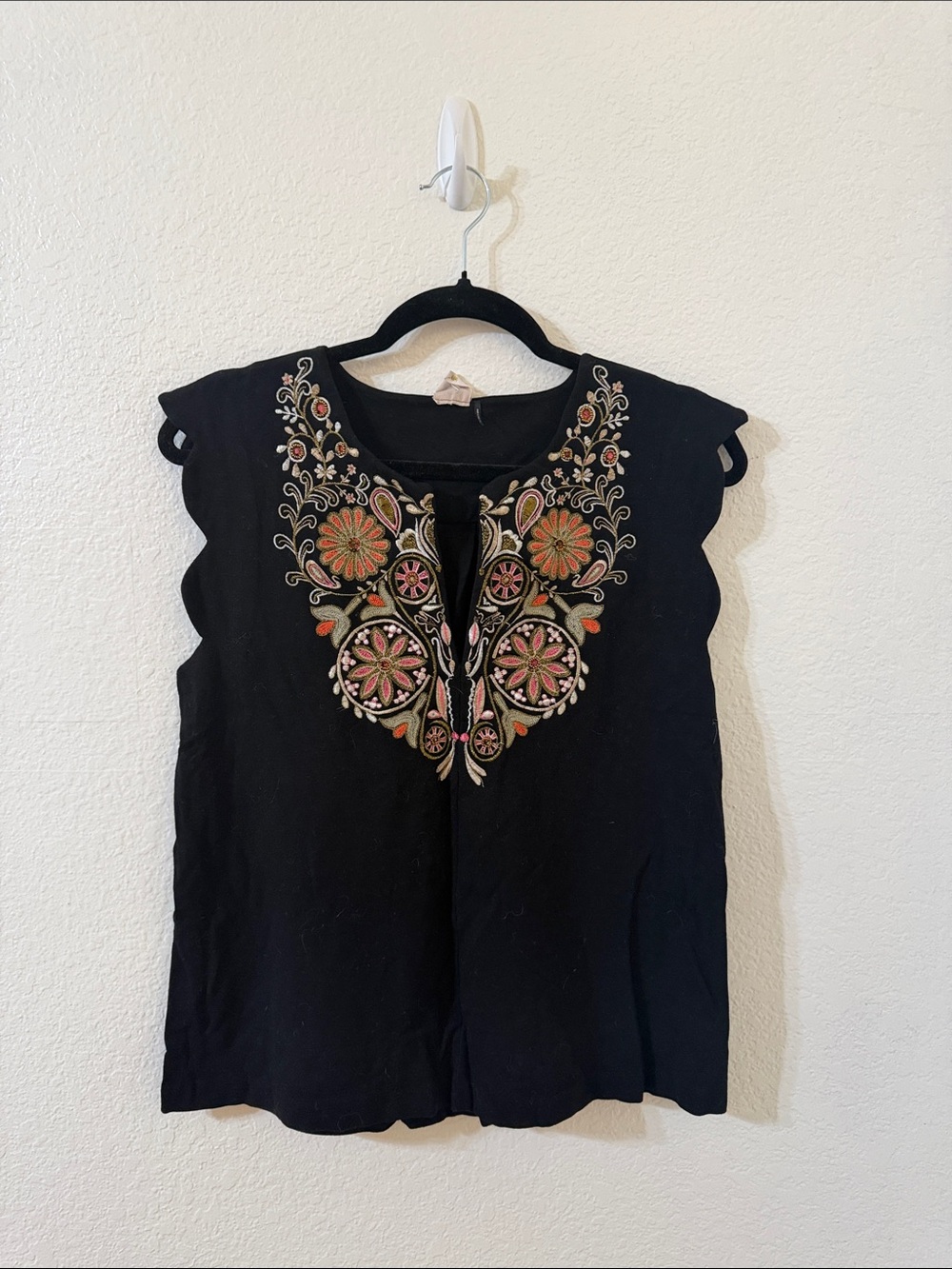 Anthropologie Black Sleeveless Top with Floral Embroidery